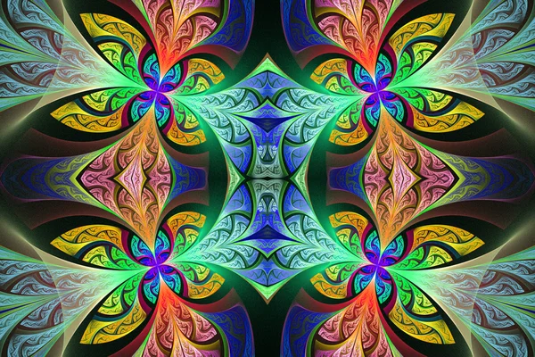 Çok renkli simetrik çiçek deseni vitray pencere içinde 