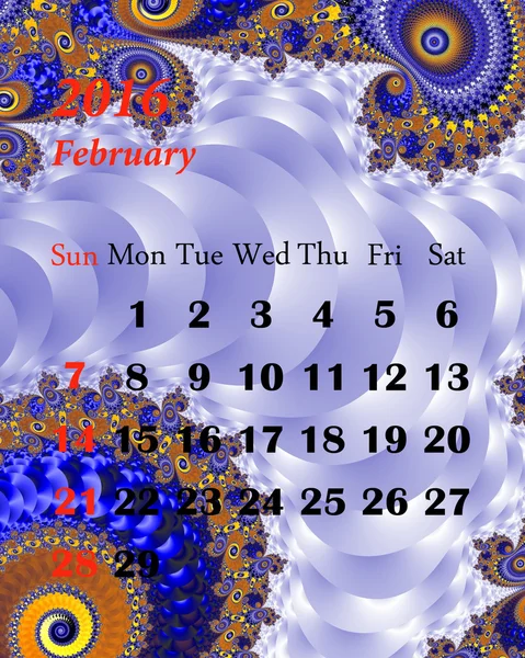 2016. februari. Kalender met mooie fractale patroon. — Stockfoto