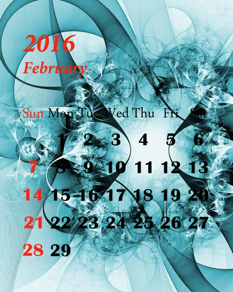 2016. februari. Kalender met mooie fractale patroon. — Stockfoto