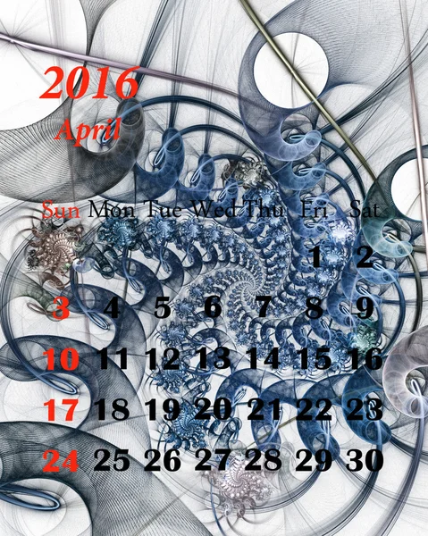 2016. Abril. Calendário com belo padrão fractal . — Fotografia de Stock