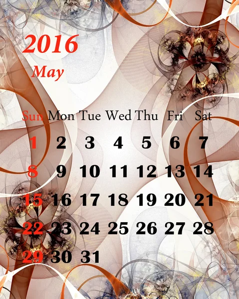 2016. mei. Kalender met mooie fractale patroon. — Stockfoto