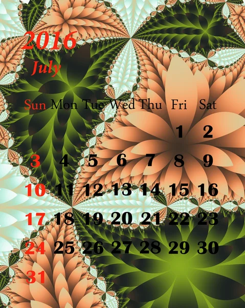 2016. Julio. Calendario con hermoso patrón fractal . — Foto de Stock