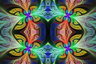 Çok renkli simetrik çiçek deseni vitray pencere içinde 