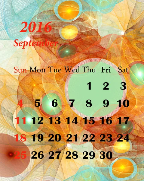 2016. Septiembre. Calendario con hermoso patrón fractal . — Foto de Stock