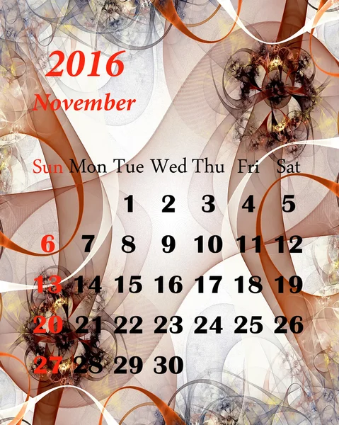 2016. listopadu. Kalendář s krásnou fraktálním vzorem. — Stock fotografie