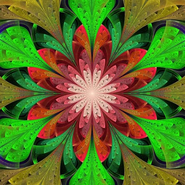 Vícebarevné symetrické fraktální květina v mozaikové okno — Stock fotografie