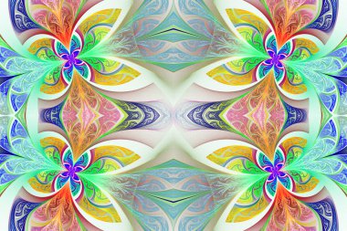 Çok renkli simetrik çiçek deseni vitray pencere içinde 