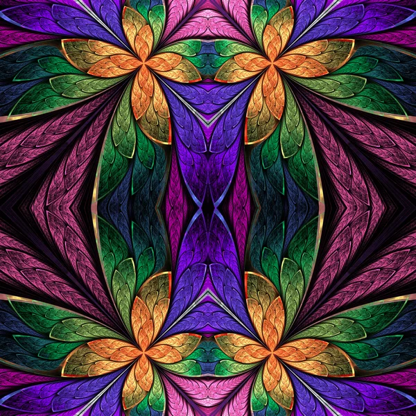 Symmetrische bloemenpatroon in glasraam stijl op donker — Stockfoto