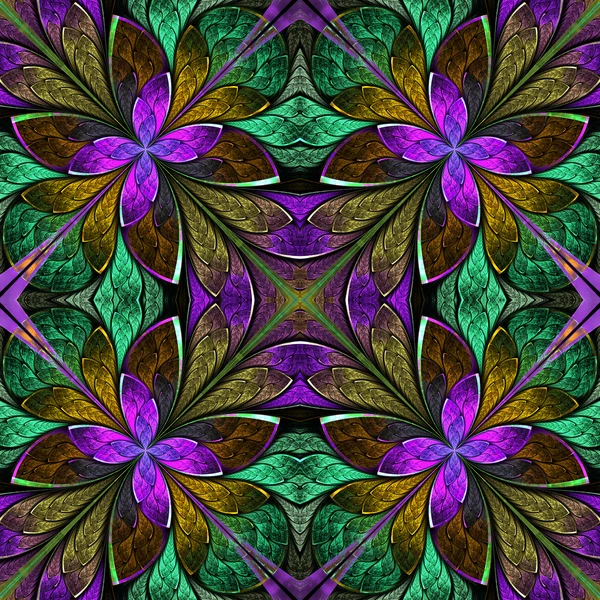 Multicolored symmetrical fractal pattern in stained-glass window — Stock Photo, Image