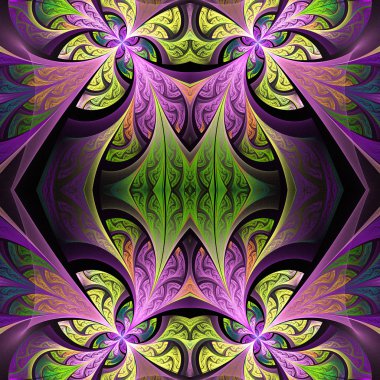 Simetrik çiçek desen vitray pencere stili. Yeşil 