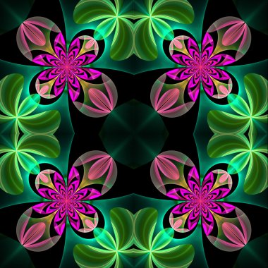 Çiçek yaprakları simetrik desen. Yeşil ve mor palet