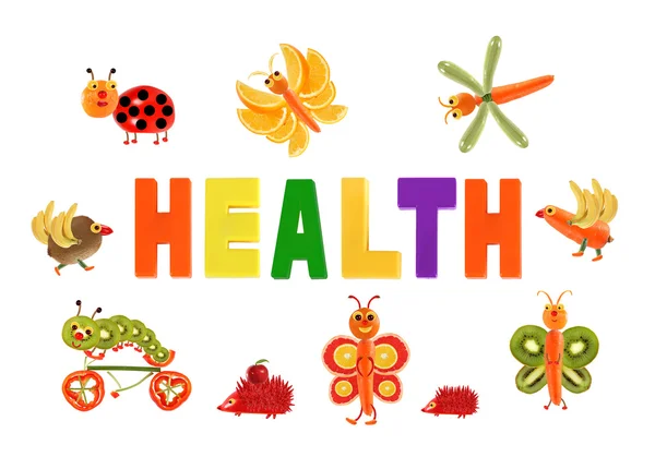 Healthy eating. Little funny vegetables around the word HEALTH — Stock Photo, Image