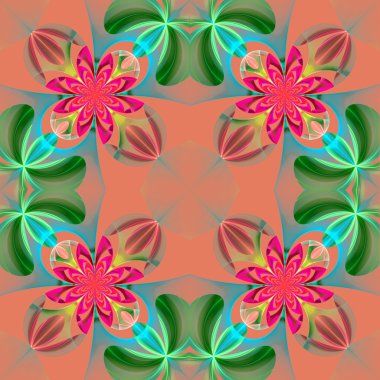 Çiçek yaprakları simetrik desen. Yeşil ve pembe palet