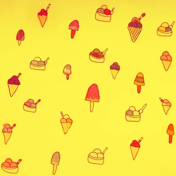 Illustration, child\'s drawing of ice cream. Background of multicolored ice cream.