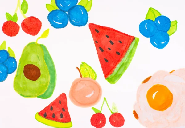 Ilustrace Dětská Kresba Ovoce Pozadí Potraviny Zdravé Potraviny Ovoce Zelenina — Stock fotografie