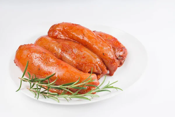 Finom Nyers Csirke Filé Piros Mártással Fehér Tányéron Fűszerekkel Csirke — Stock Fotó