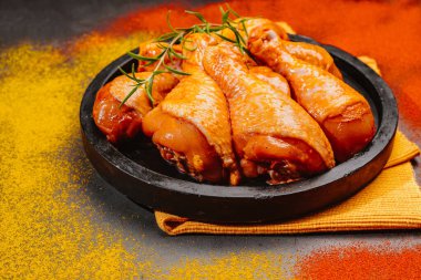 En iyi manzara. Özel yemek, özel marine edilmiş salamura edilmiş tavuk budu, siyah seramik yuvarlak kızartma tabağında çiğ tavuk ve baharatlı ızgara..