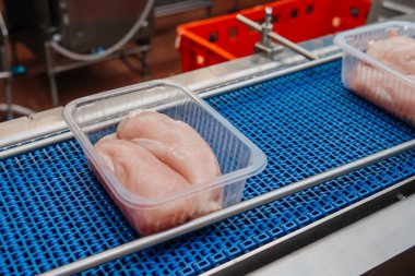 Paketleme ve et kesme ile üretim hattı. Yiyecek ürünleri konveyörde plastik ambalajda tavuk eti. Et ürünleri üretimi için fabrika..