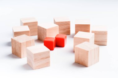 Beyaz arka planda tahta ve kırmızı plastik küpler. Bir sürü tahta küp var ama sadece iki tanesi kırmızı. Öncelikleri seçme kavramı. İş, seçim, karar. Herkes gibi değil..