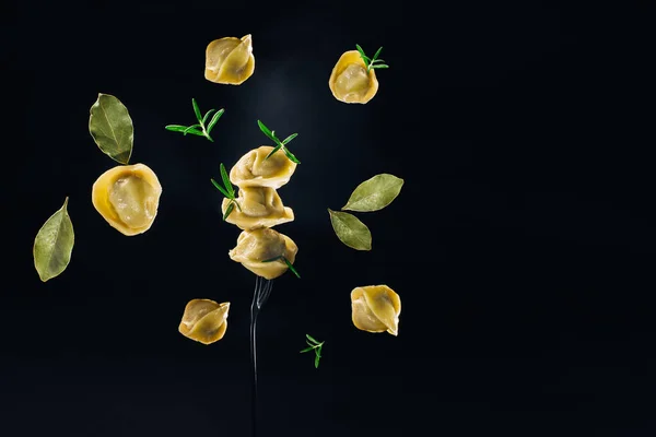 Food levitation.Dumplings with meat fly into the plate on a black background.