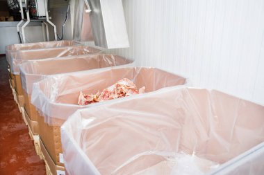 Tavuk ayağı, büyük bir kutuda birçok parçaya bölünmüş tavuk ayağı. Et üretimi için ambalaj ve kesme sıraları. Bir et fabrikasında endüstriyel ekipman. Et işleme tesisi. Et üretim hattı..