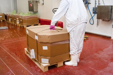 Et işleme tesisi. Et üretim hattı. Et üretimi için ambalajlama ve kesme hattı. Bir et fabrikasında endüstriyel ekipman..