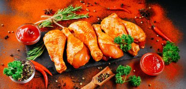 Ogranik yemek ve sağlıklı beslenme kavramı. Tavuk budu pişirme. Biberiye ve biberiyeli salamurada çiğ tavuk bacağı..