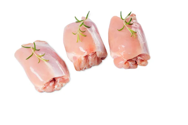 Raw chicken thigh without skin on a white background isolade. Three pieces of chicken.Chicken thigh fillet without bone and skinless, isolated.