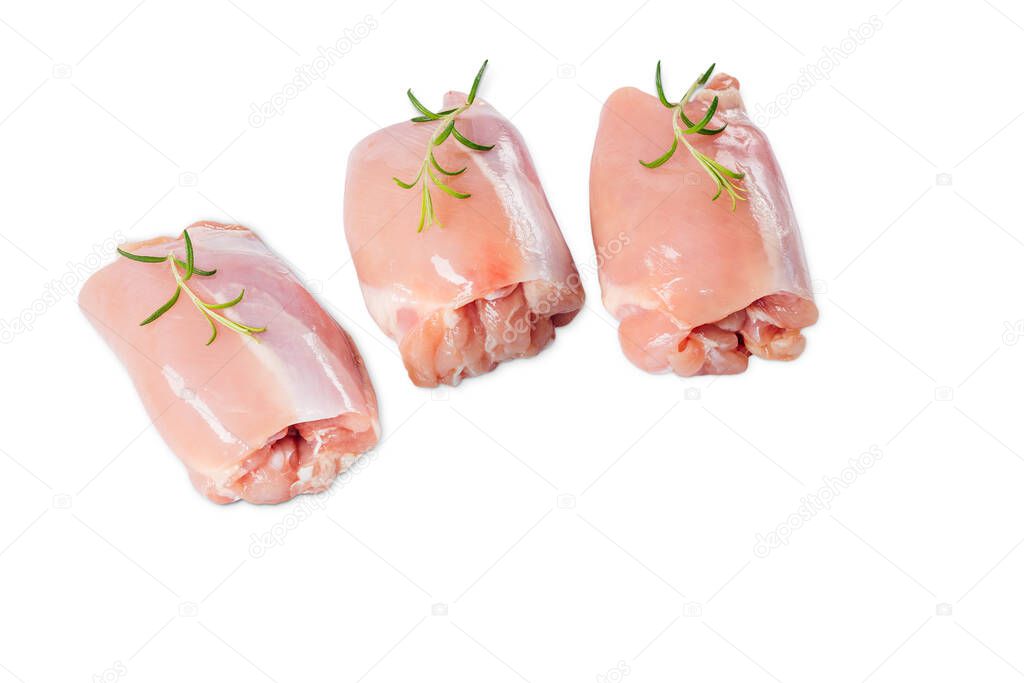 Raw chicken thigh without skin on a white background isolade. Three pieces of chicken.Chicken thigh fillet without bone and skinless, isolated.