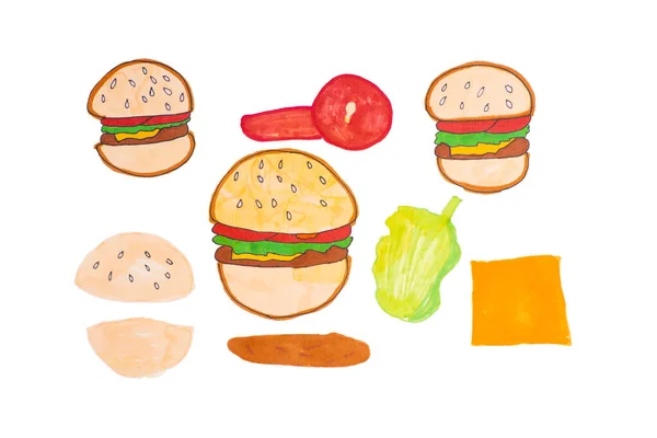 Child\'s drawing of hamburgers on a white background isolade.colorful drawing unhealthy food.