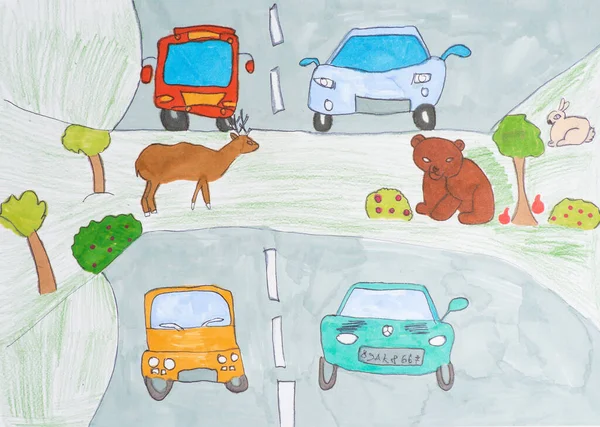 Ekoduk Gyermek Rajz Egy Zöld Állatok Híd Autópályán Állatok Természet — Stock Fotó