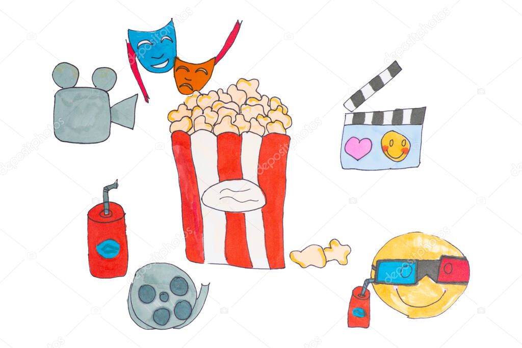 Child's drawing cinema concept with copcorn and masks on a white background isolad.Movie time.