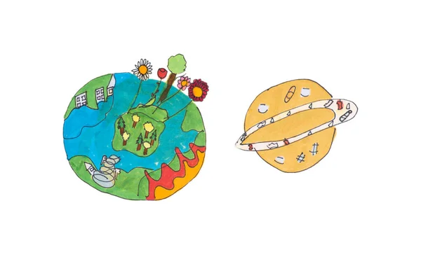 The concept of the world.Children\'s drawing of the planets on a white background isolade.