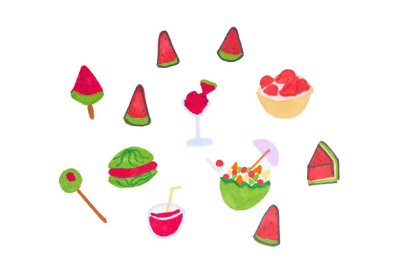 Kinderzeichnungen Wassermelonenstücke Wassermelonencocktails Auf Weißem Hintergrund — Stockfoto