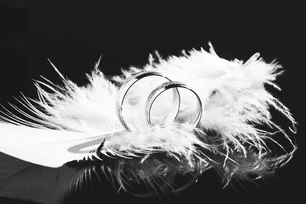 Two Wedding Rings Feather Background Marriage Wedding Rings Black Background — Stock Photo, Image