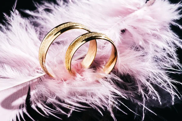 Two Golden Wedding Rings and Feather,background for marriage.Two gold wedding rings on a black background with pink feathers. Love and wedding concept.