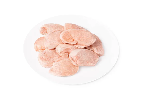 Gefrorene Stücke Von Frischem Hühnerfleisch Auf Einem Weißen Teller Gefrorenes — Stockfoto