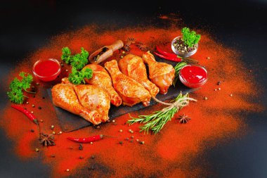 Terbiye edilmiş ürün, hızlı pişirme. Siyah bir yemek tahtasında marine edilmiş ızgara tavuk dramstik. Taze biberiye yaprakları, taze kiraz domatesleri ve çeşitli baharatlar..