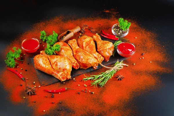 Terbiye edilmiş ürün, hızlı pişirme. Siyah bir yemek tahtasında marine edilmiş ızgara tavuk dramstik. Taze biberiye yaprakları, taze kiraz domatesleri ve çeşitli baharatlar..