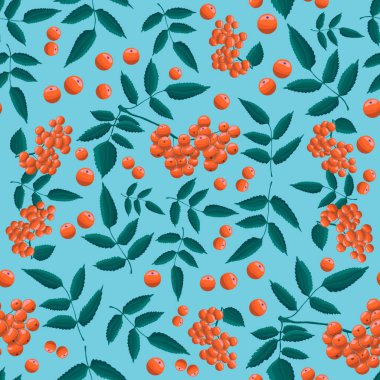 Dijital el çizimi sonbaharda rowanberry yaprakları ve böğürtlen dallarıyla kusursuz desen