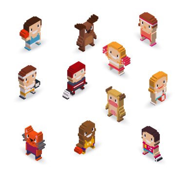 Isometric pixel art sport characters clipart