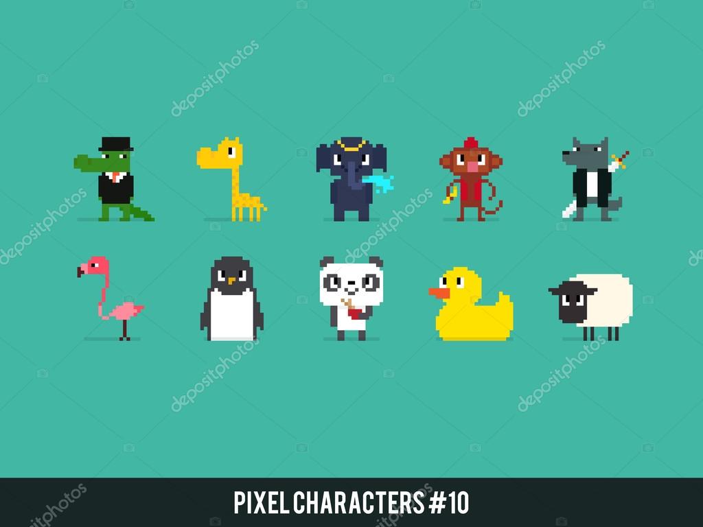 Set of different pixel art animals in vector