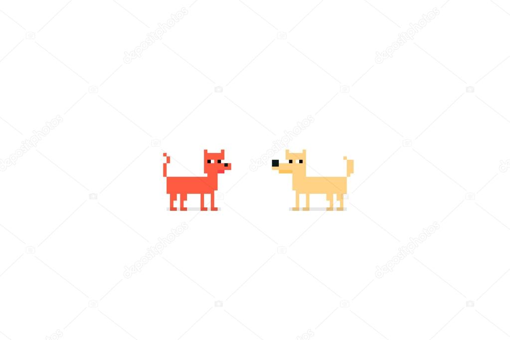 Pixel art characters, cat and dog isolated on white background