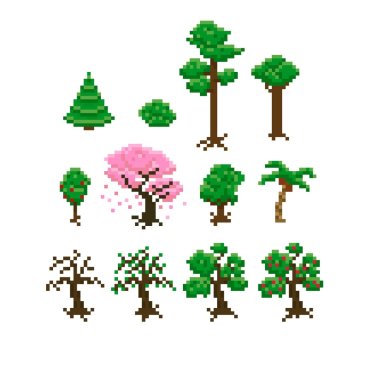 Pixel Trees icons set clipart