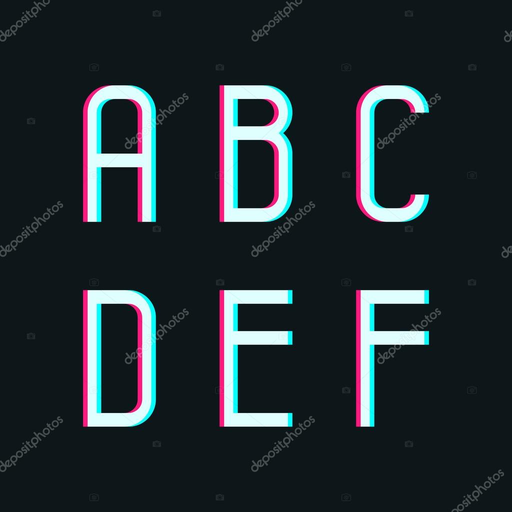 Stereo alphabet, letters a, b, c, d, e, f on dark background