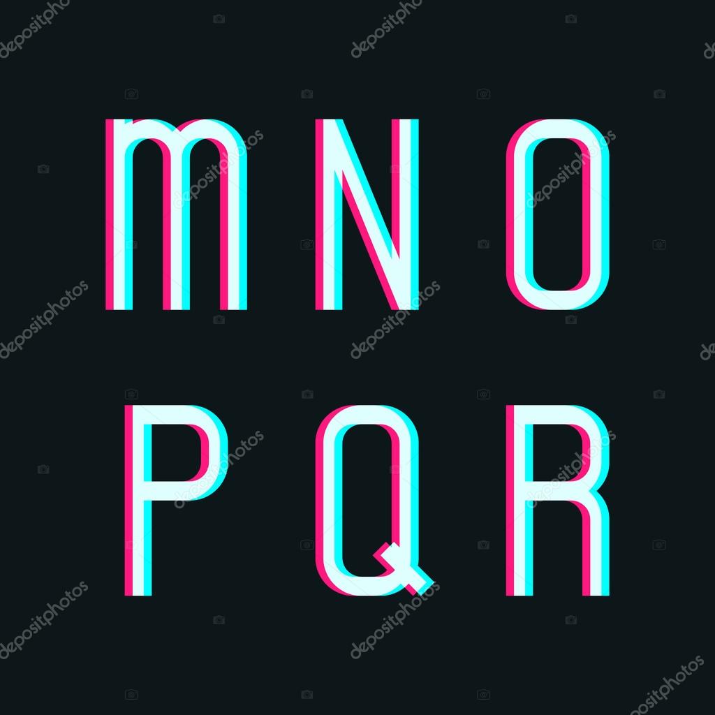 Stereo alphabet, letters m, n, o, p, q, r on dark background