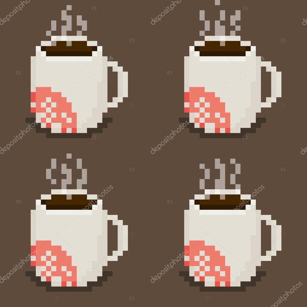 Pixel art mug sprite sheet with steam animation, four cups on brown background