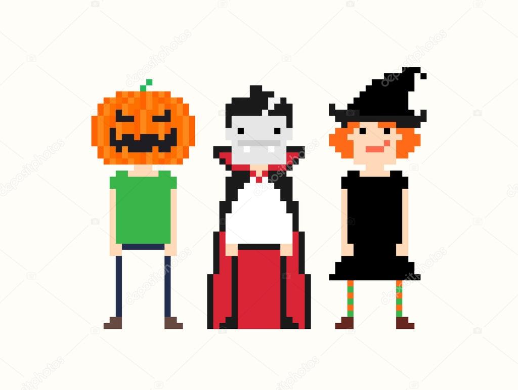 Pixel art characters in halloween outfit