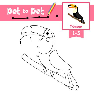 Noktadan noktaya eğitici oyun ve Toucan kuşlarının boyama kitabı anaokulu çocuk aktiviteleri için çizgi film karakteri 1-5 'i saymak ve el yazısı alıştırması çalışmaları hakkında. Vektör İllüstrasyonu.