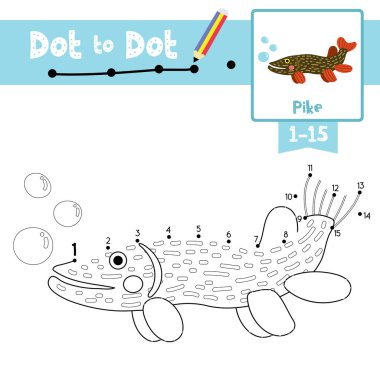 Noktadan noktaya eğitici oyun ve Pike Fish 'in Boyama Kitabı anaokulu çocukları için çizgi film karakteri 1-15' i saymayı ve el yazısı alıştırması çalışmalarını öğrenmekle ilgili. Vektör İllüstrasyonu.